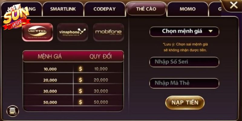 Những lưu ý khi nạp tiền tại SUNWIN